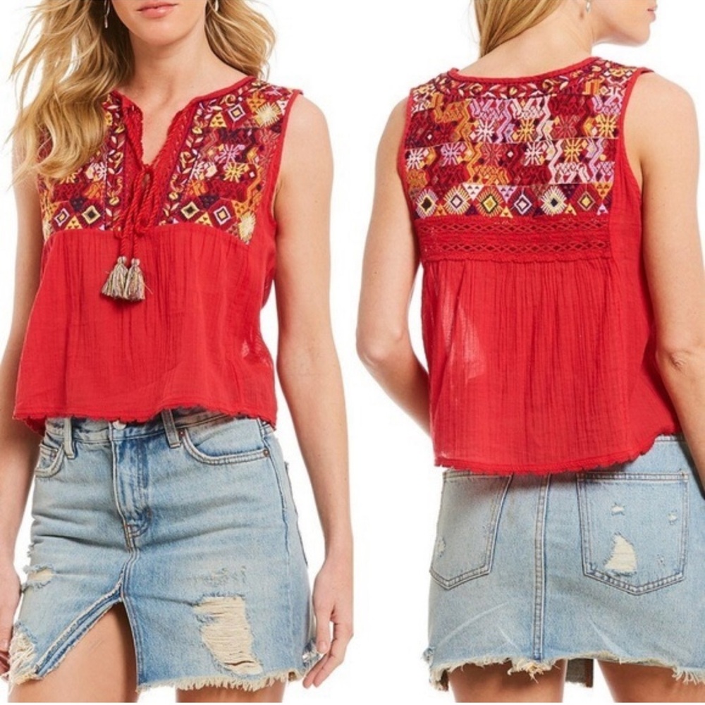 Free People NWT Lohri Red Embroidered Tie Keyhole Neck Tassel Boho Tank …